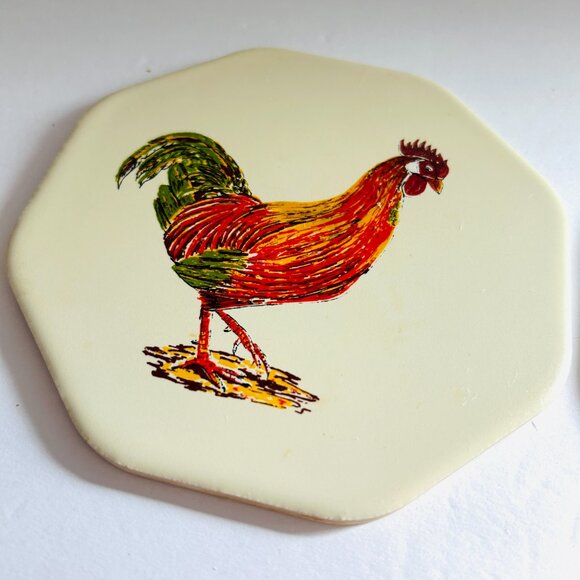 Vintage Cape Craftsmen Tile Trivet Lot of 2 Rooster Strawberries Farmhouse Decor - Picture 2 of 6